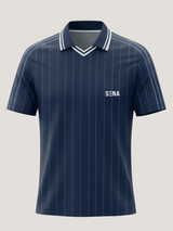 Navy pinstripe polo shirt with 'Sena' logo on a light gray background