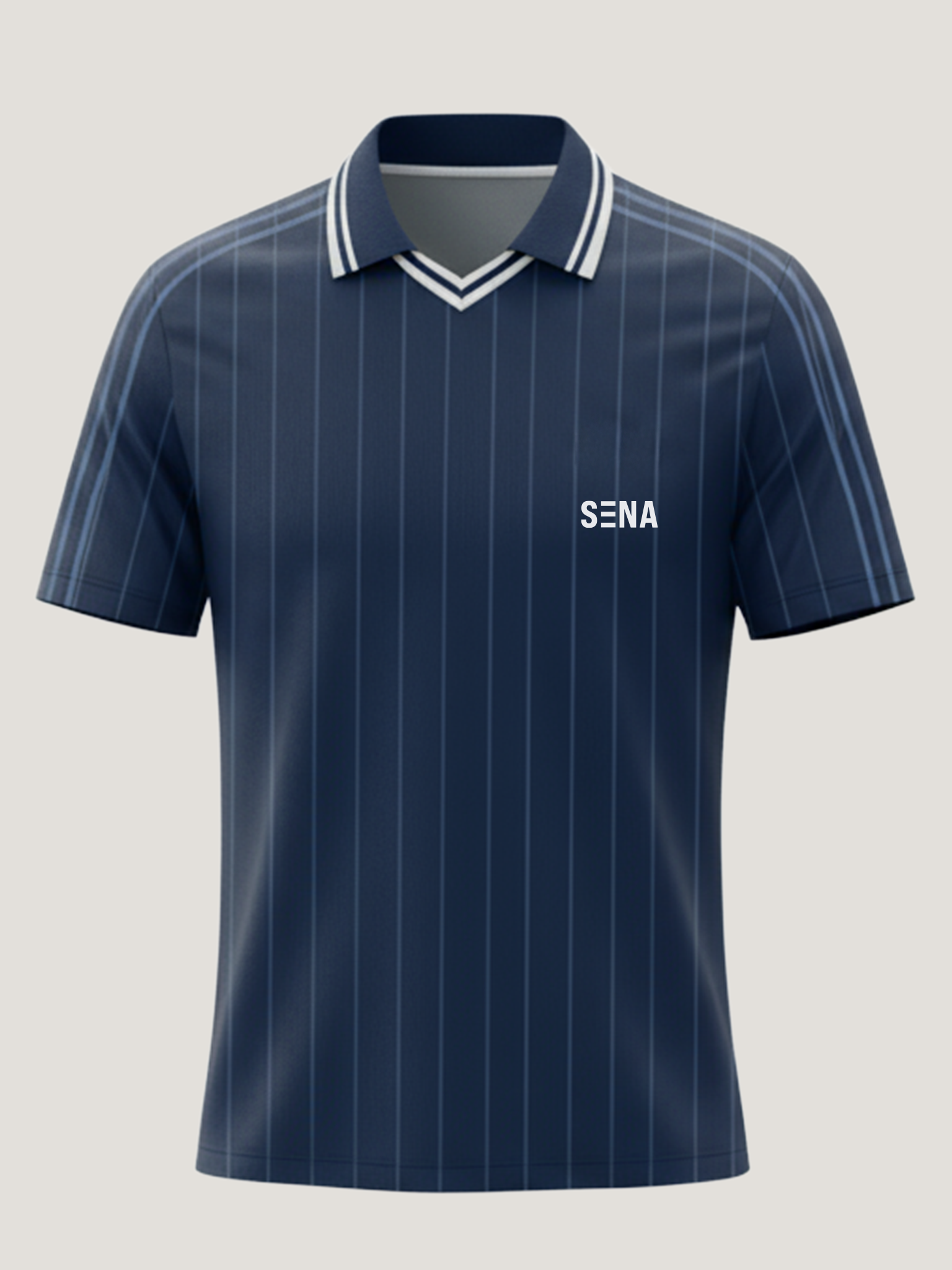 Navy pinstripe polo shirt with 'Sena' logo on a light gray background