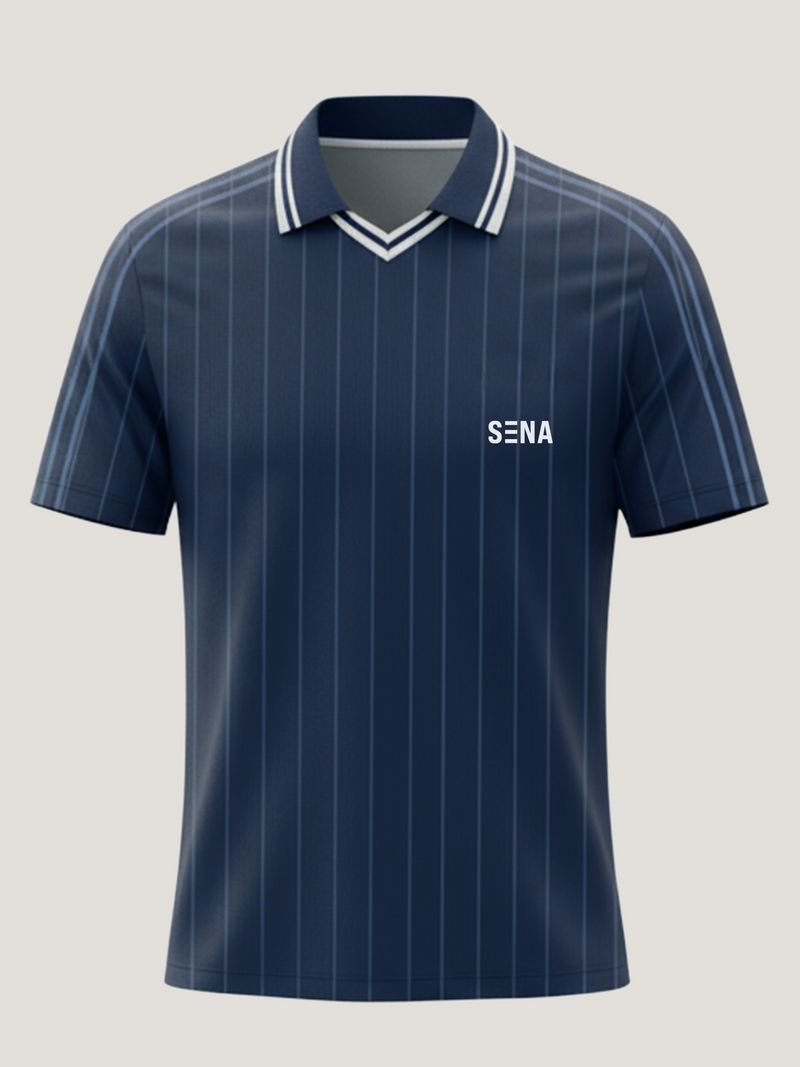 Navy pinstripe polo shirt with 'Sena' logo on a light gray background