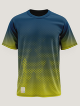 Blue and green gradient t-shirt on a light gray background