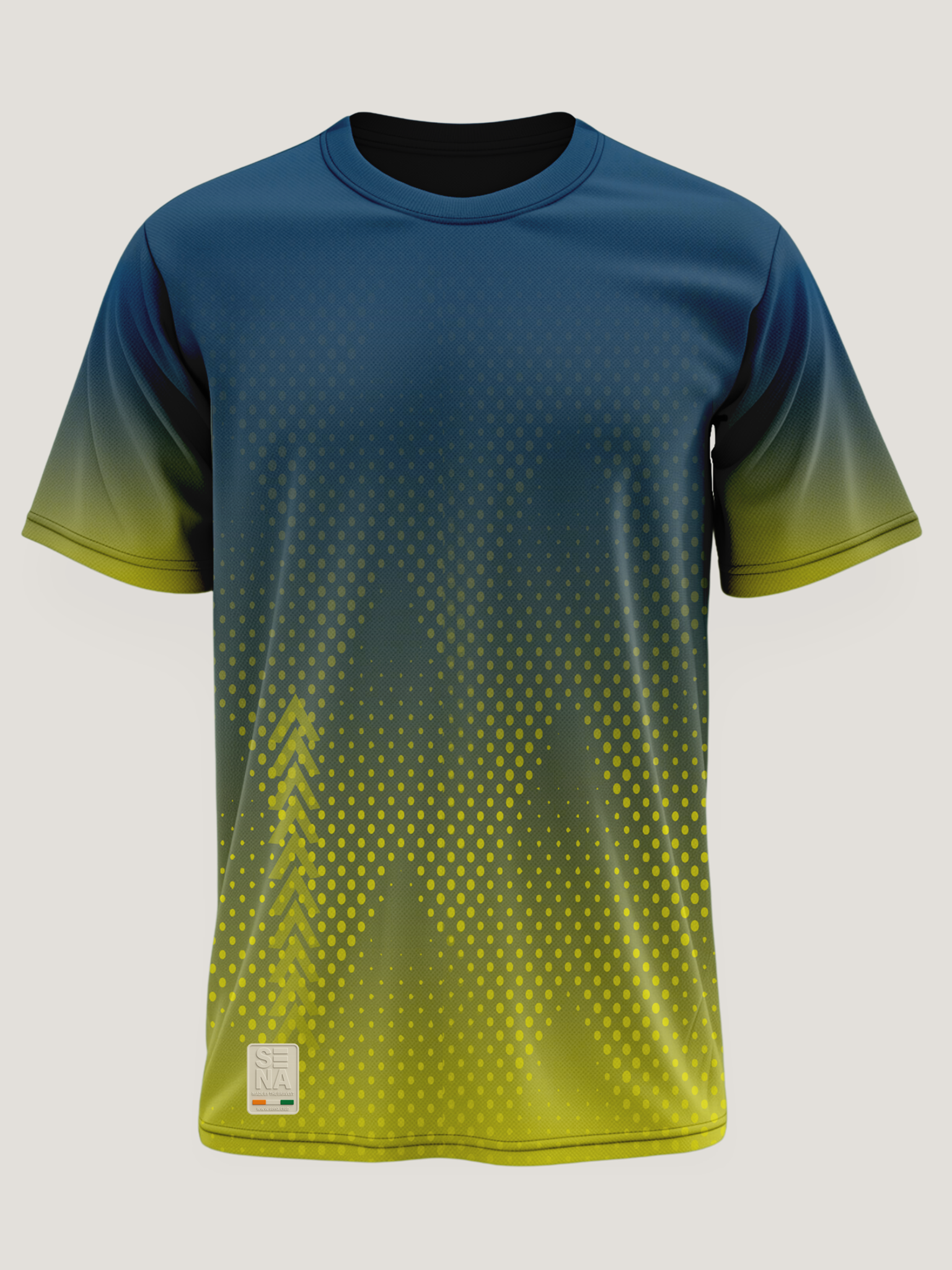 Blue and green gradient t-shirt on a light gray background