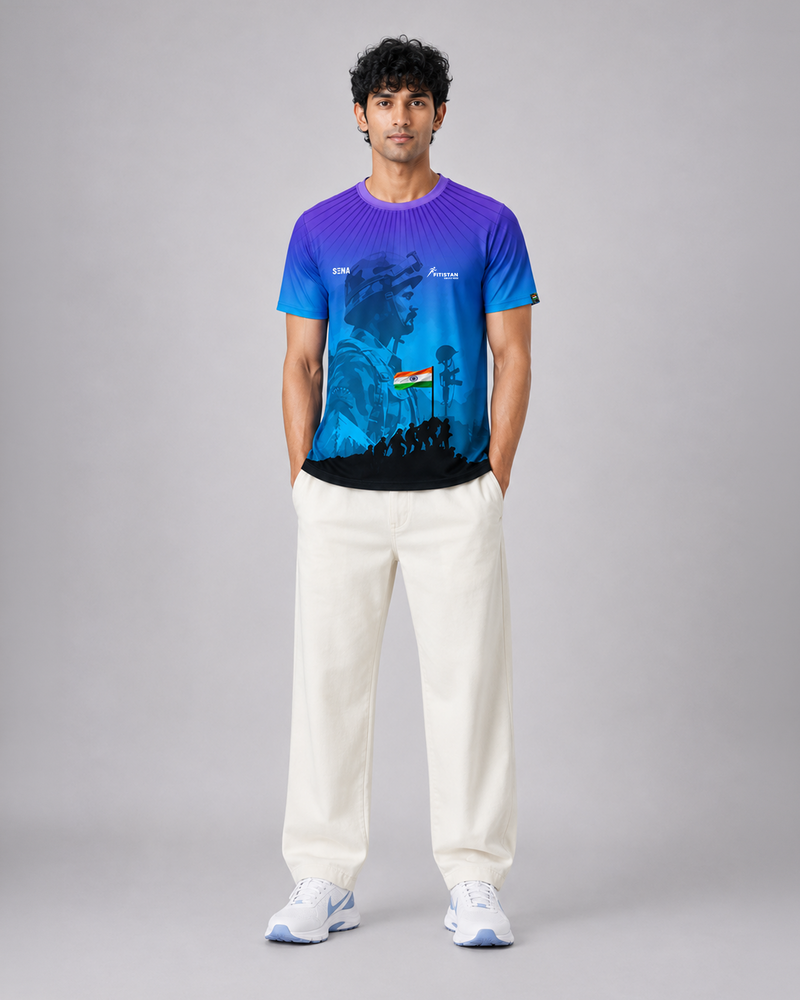 Blue Soldier Print Round Neck Dri-Fit T-Shirt