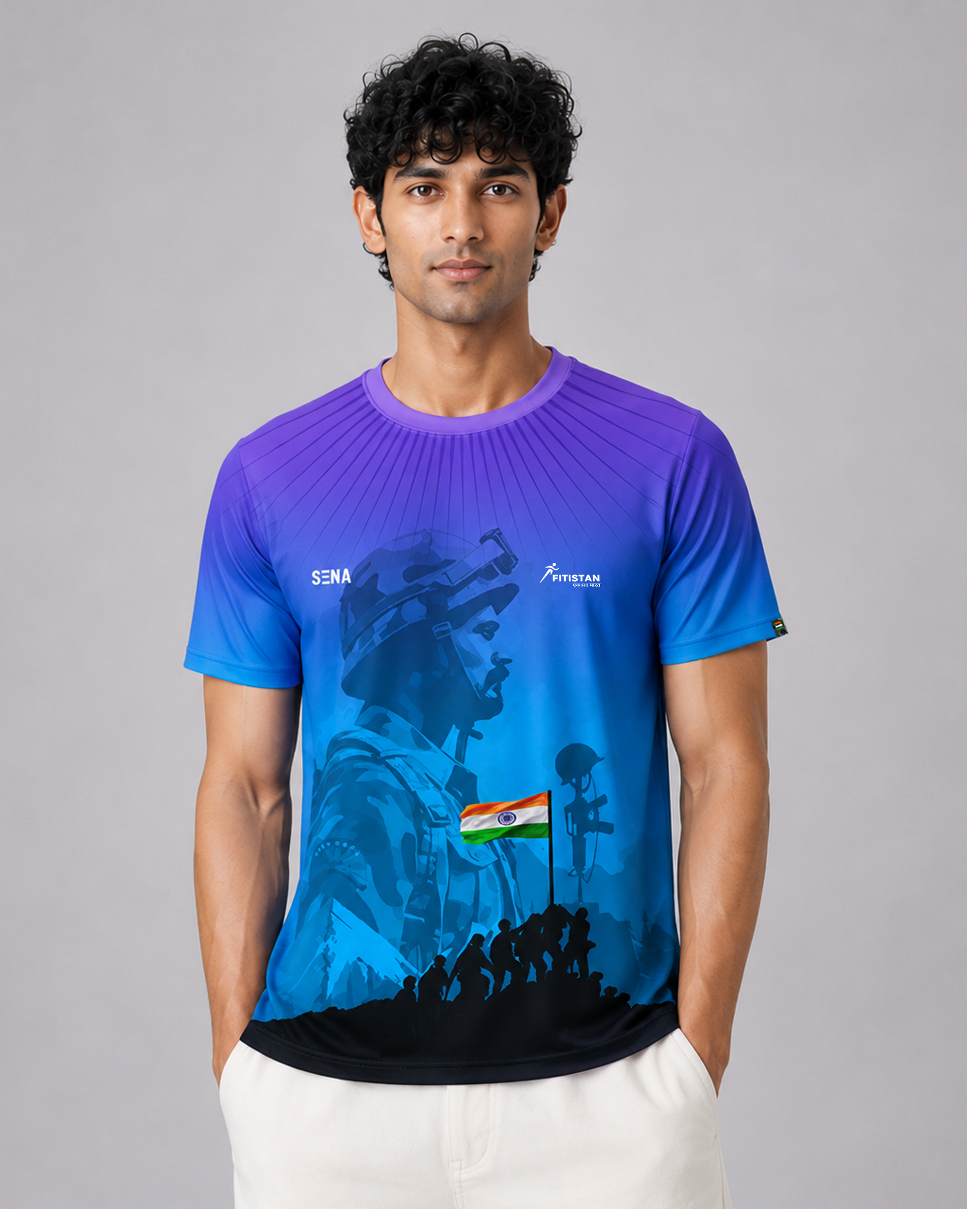 Blue Soldier Print Round Neck Dri-Fit T-Shirt
