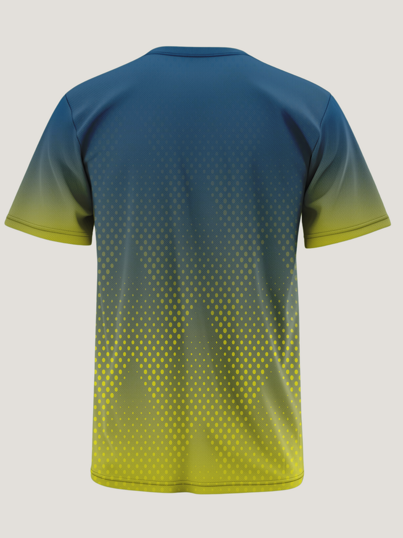 Gradient blue to yellow t-shirt on a light gray background