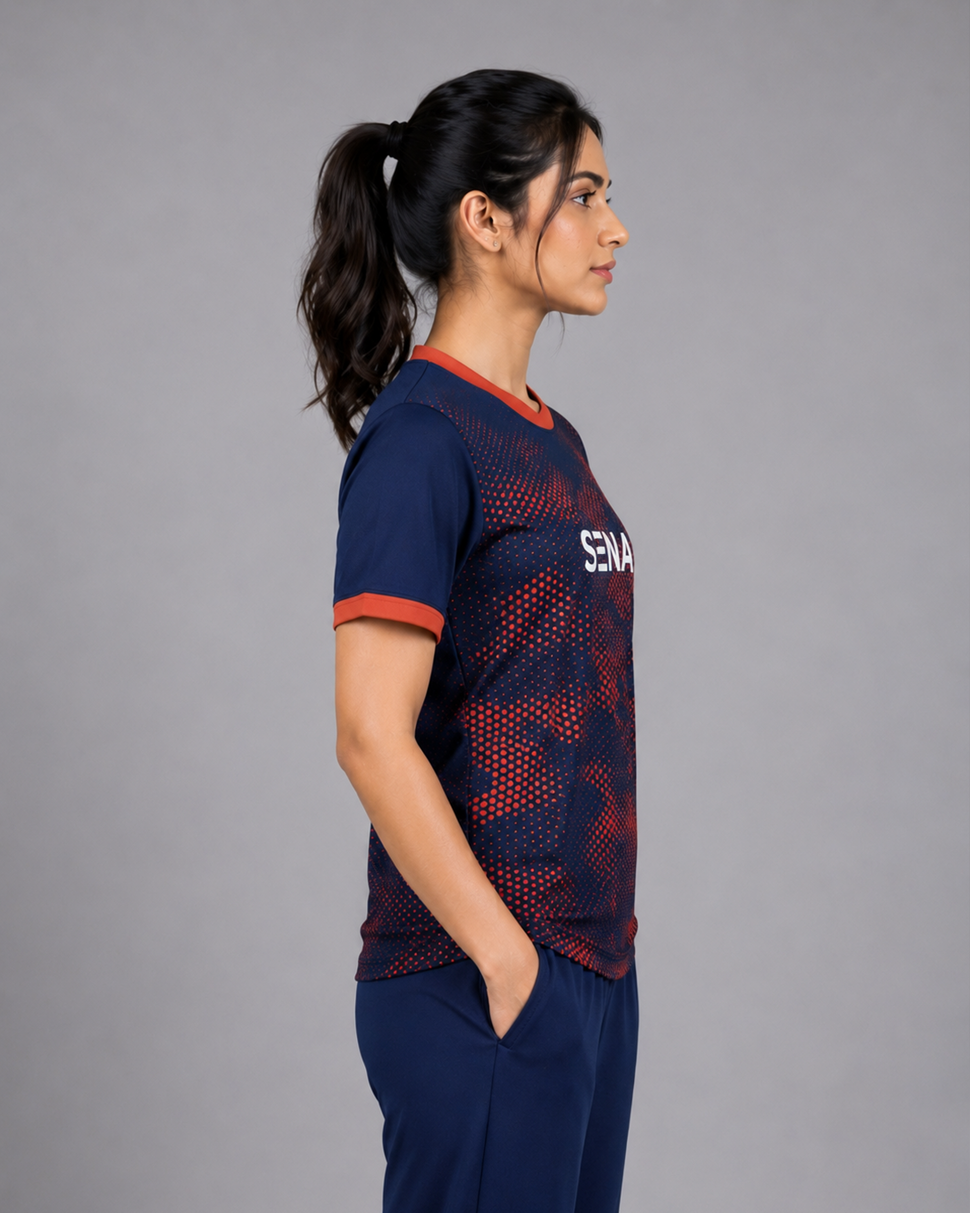 Navy & Orange Hexagonal Camouflage T-Shirt | 190 GSM Dri-Fit | Contrast Trim Athleisure