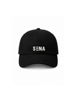Black cap with 'SENA' logo on a white background