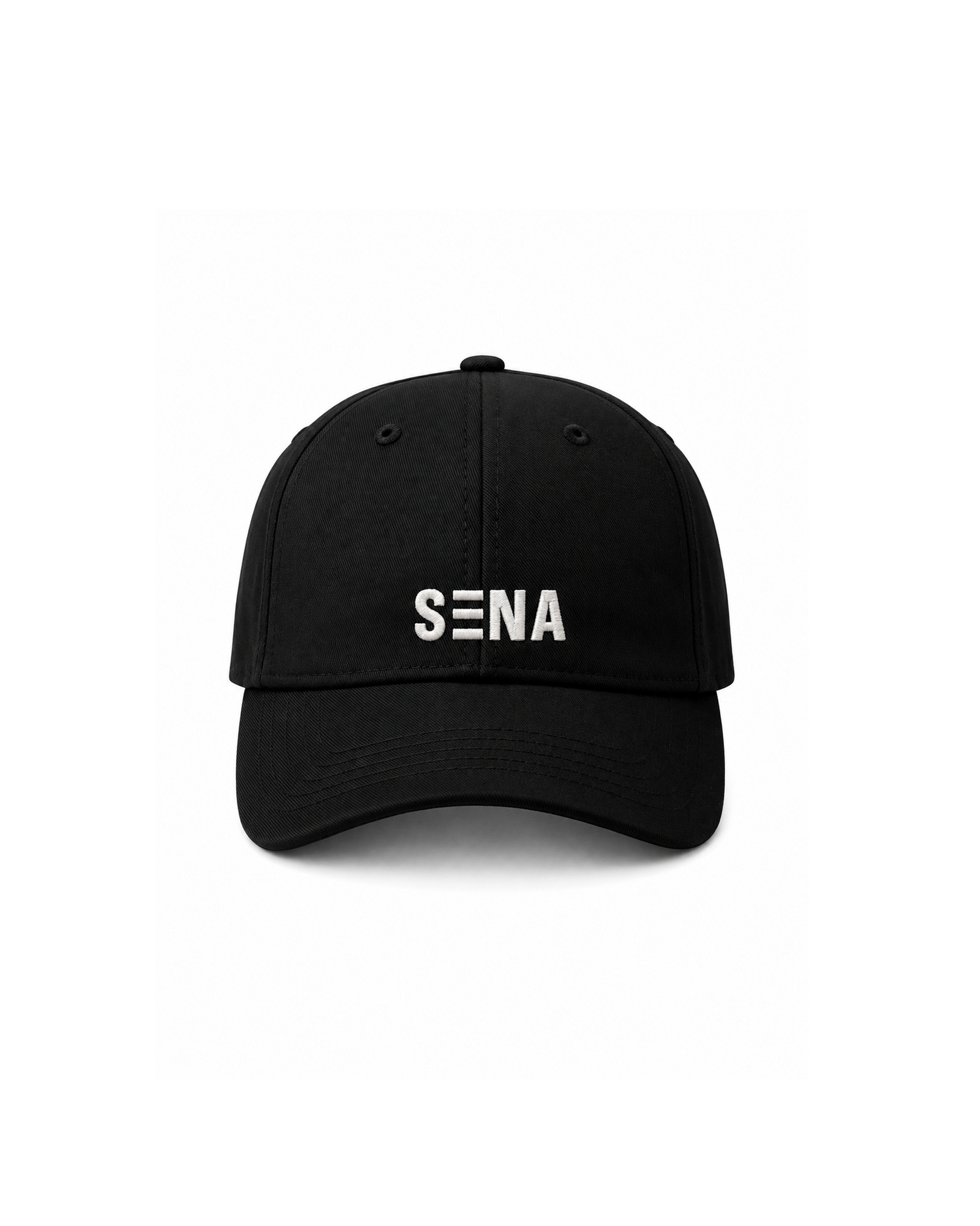 Black cap with 'SENA' logo on a white background