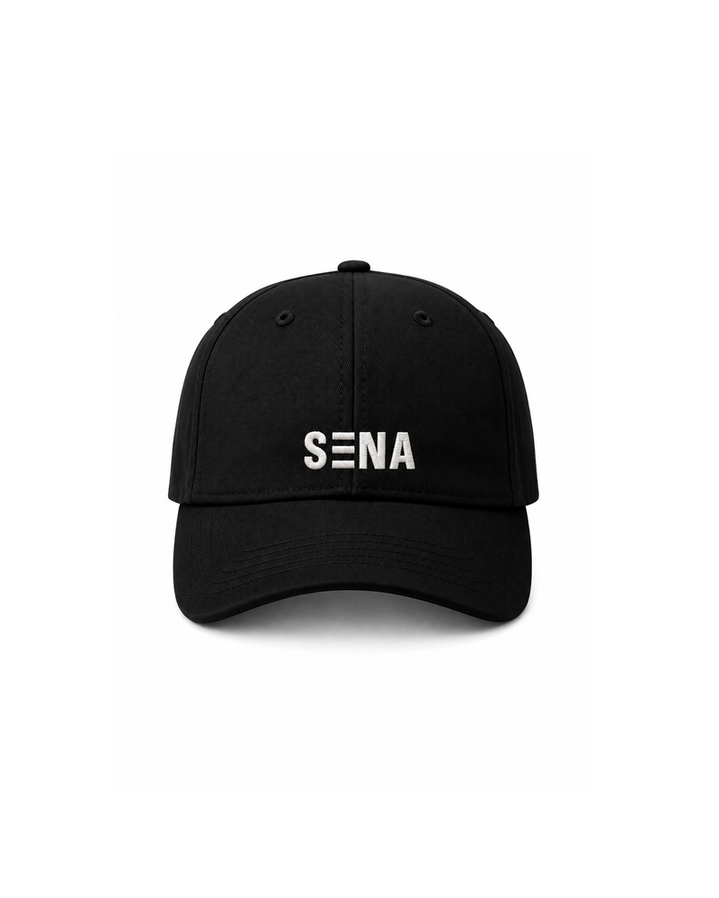 Black cap with 'SENA' logo on a white background
