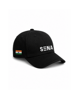 Black cap with 'Sena' logo and Indian flag on a white background