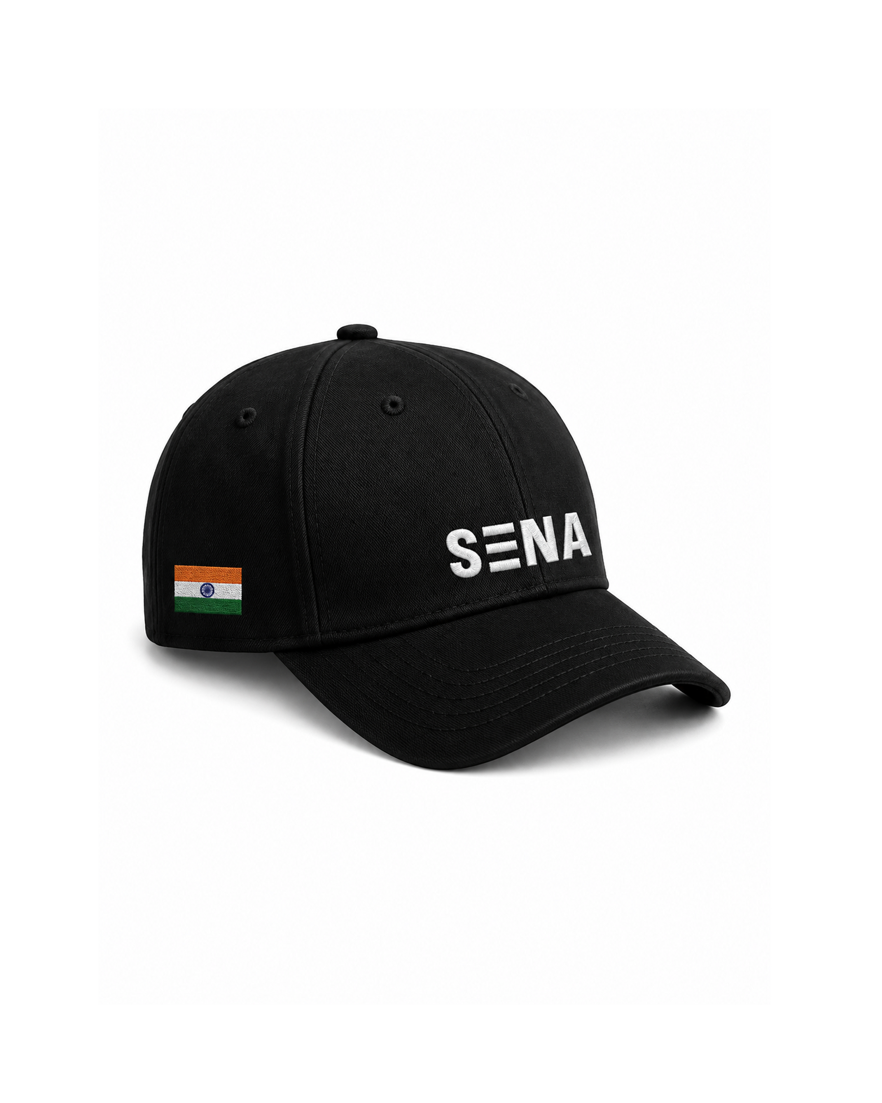 Black cap with 'Sena' logo and Indian flag on a white background