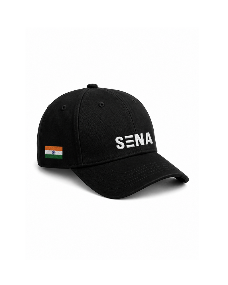 Black cap with 'Sena' logo and Indian flag on a white background