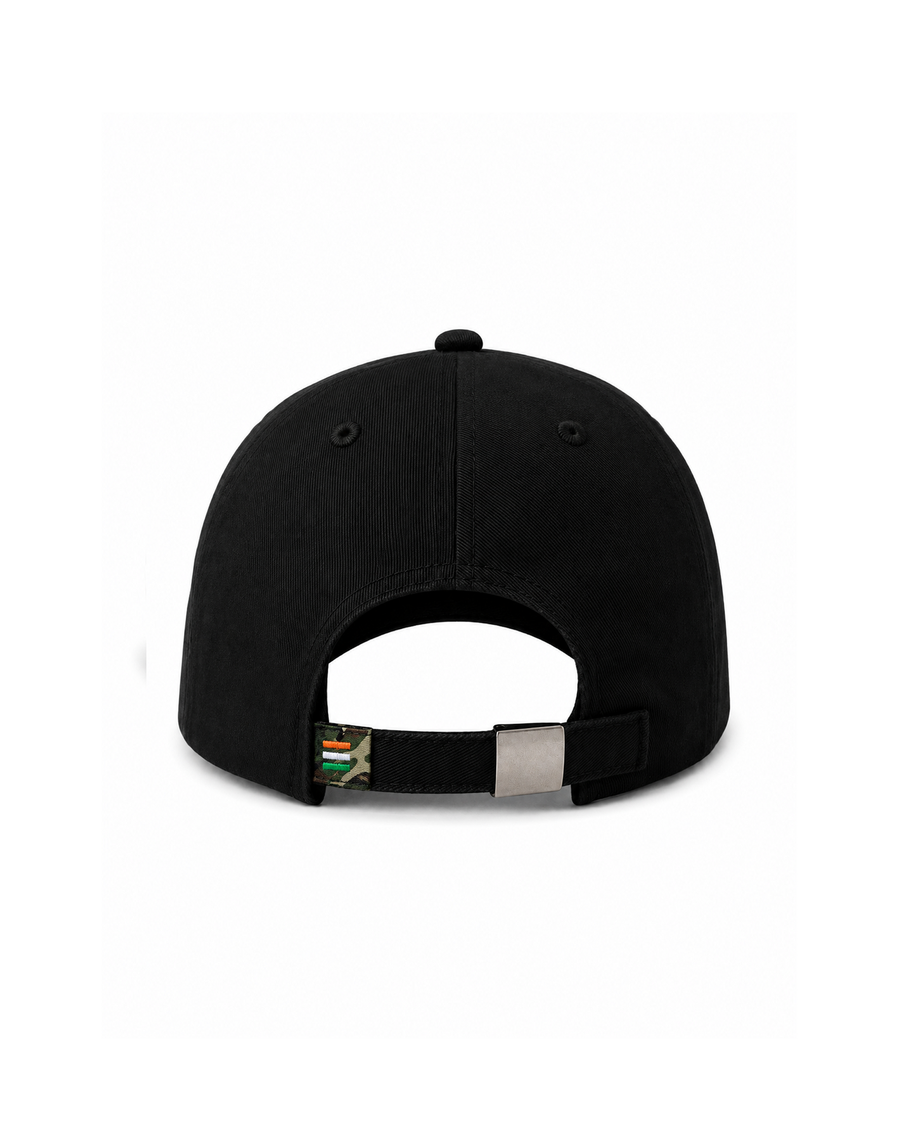 Black cap with a brand logo on the strap against a white background
