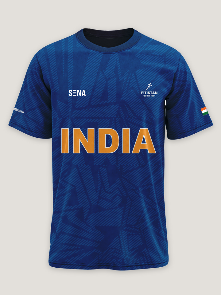 Blue India Print Round Neck Dri-Fit T-Shirt