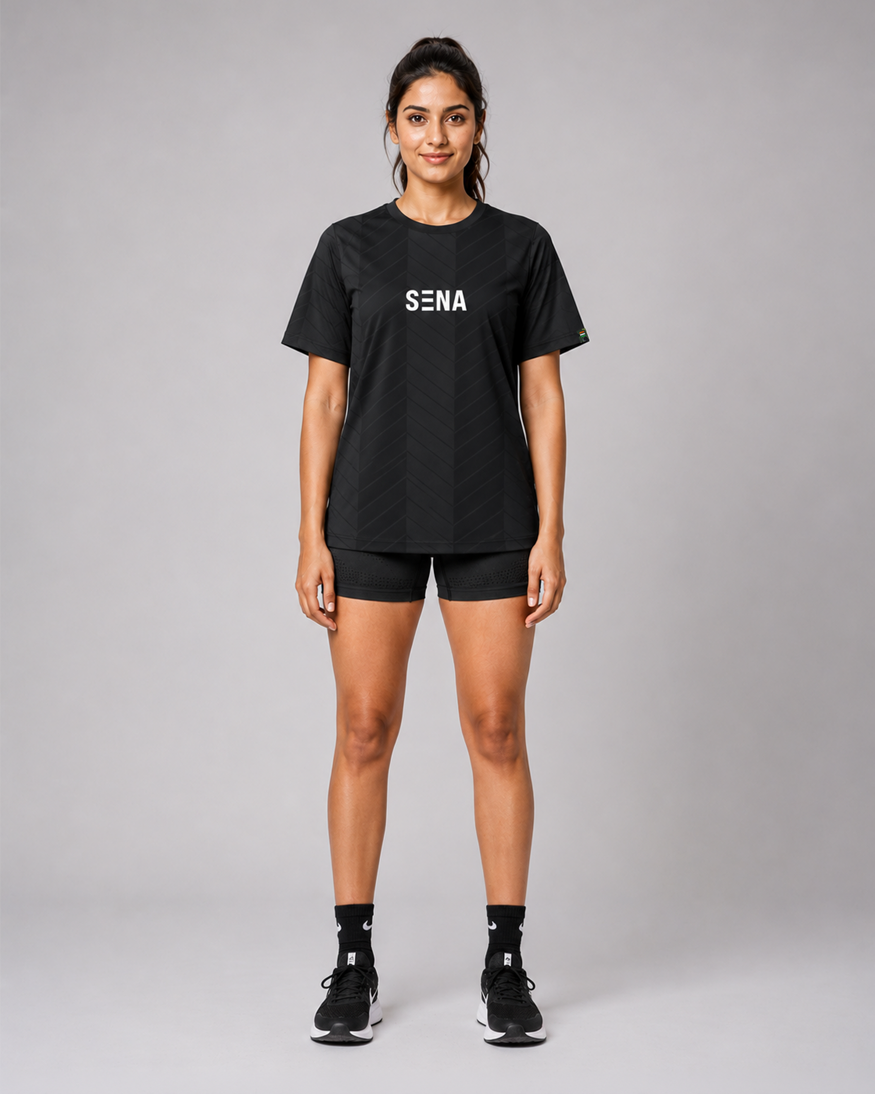 Black Chevron Print Round Neck Dri -Fit T-Shirt