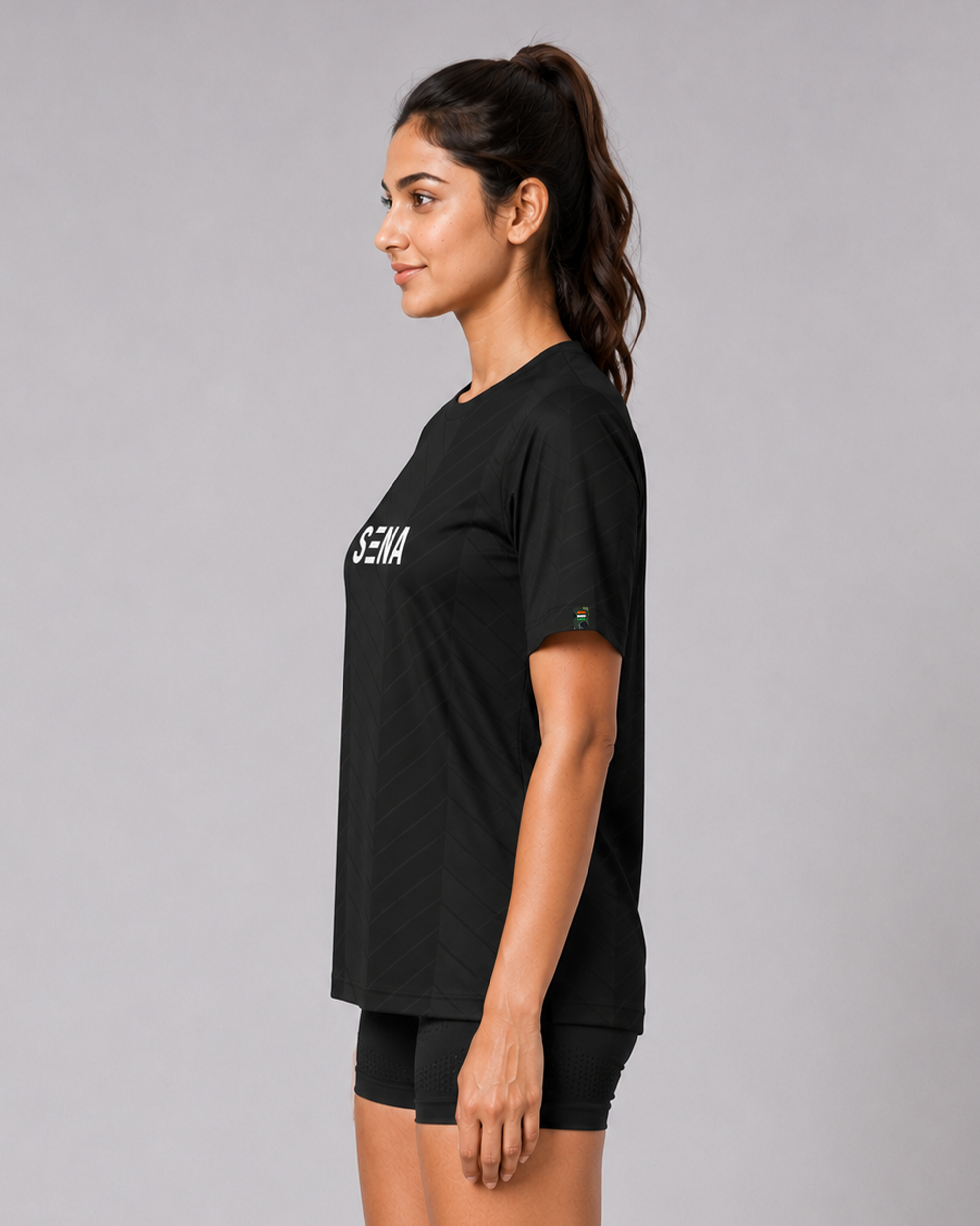 Black Chevron Print Round Neck Dri -Fit T-Shirt