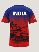 T-shirt with a tank design and 'INDIA' text on a gradient blue to red background