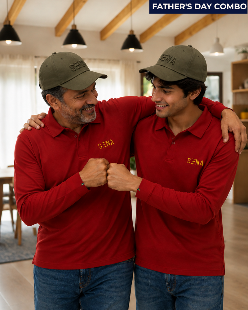 Best Dad Ever Bundle | Red Full Sleeves Premium Polo + Olive Cotton Cap