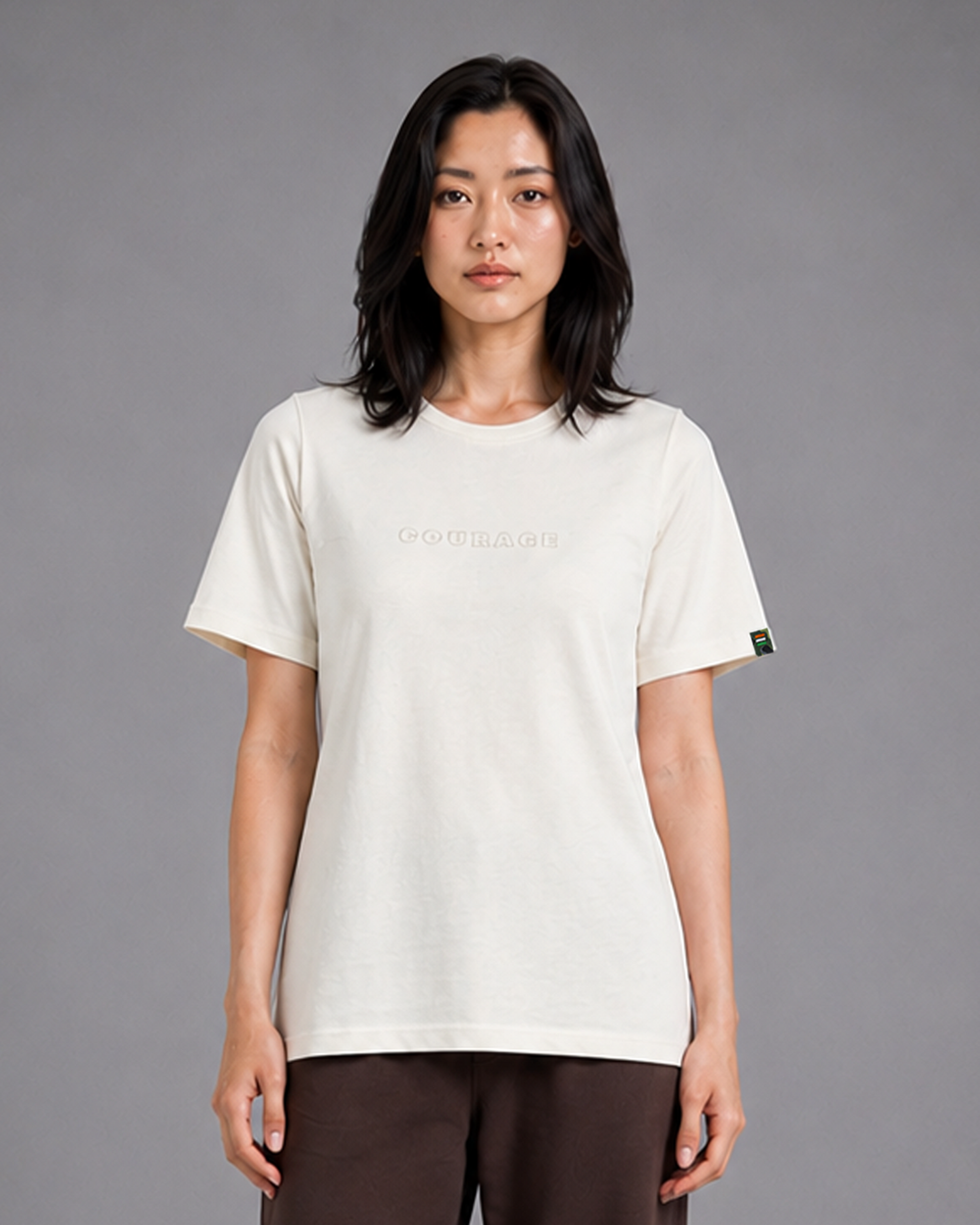 Light Beige COURAGE Embroidered T-Shirt | 220 GSM Cotton Sinker Relaxed Fit Tee
