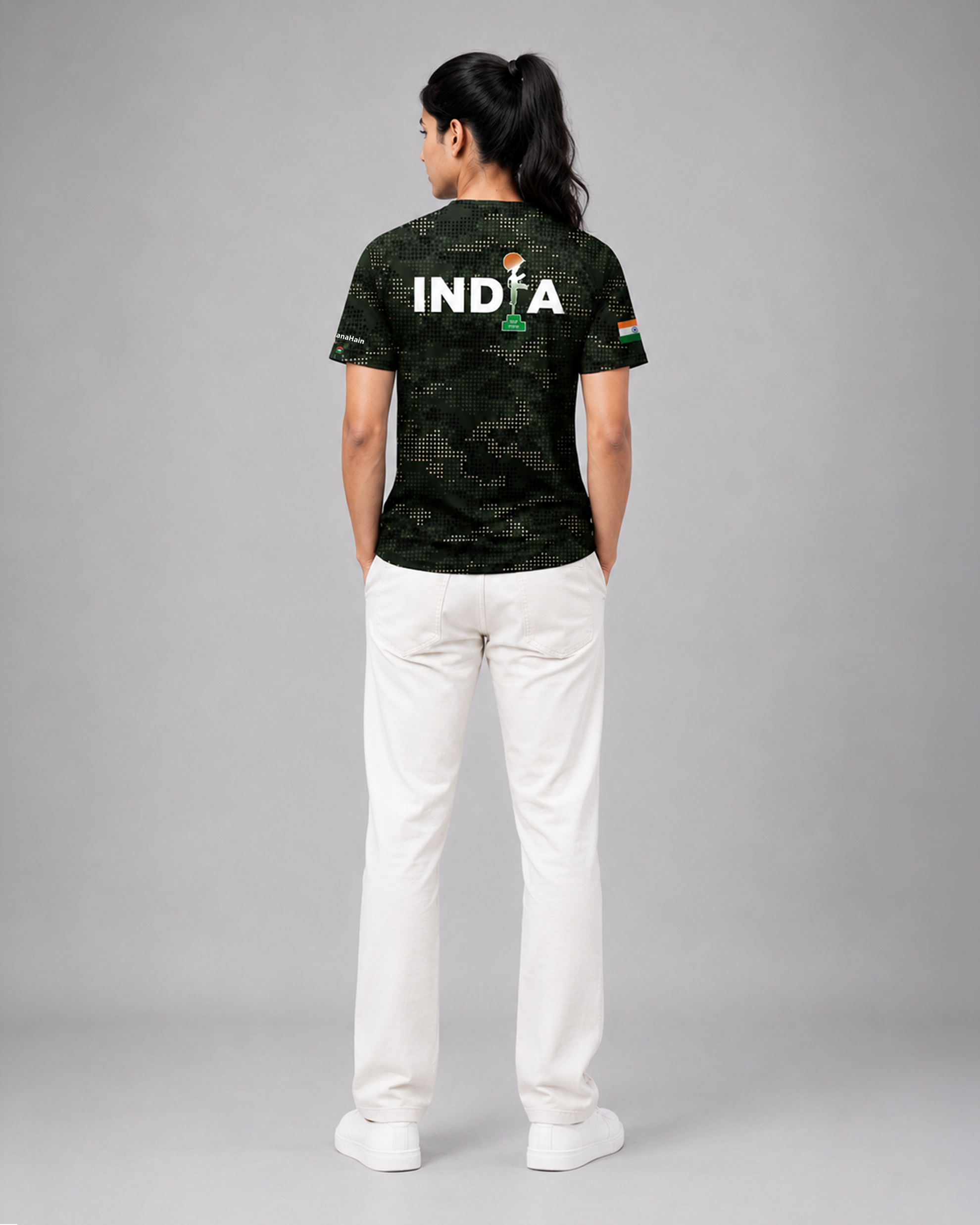 Dark Green Camouflage Print Round Neck 180 GSM Dri-Fit T-Shirt | 'Amar Jawan' Patriot Tee