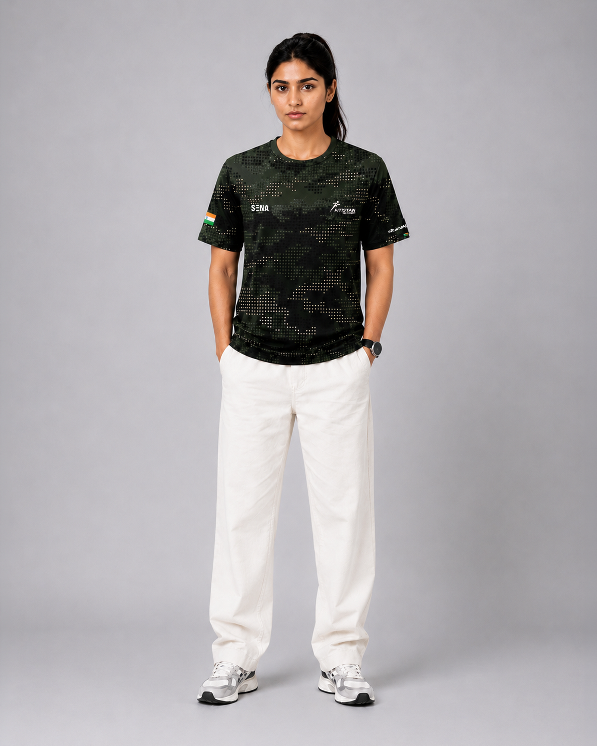 Dark Green Camouflage Print Round Neck 180 GSM Dri-Fit T-Shirt | 'Amar Jawan' Patriot Tee