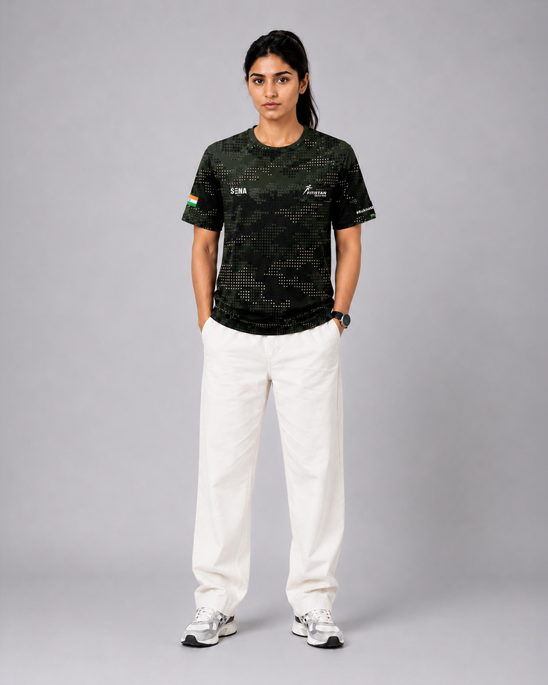 Dark Green Camouflage Print Round Neck 180 GSM Dri-Fit T-Shirt | 'Amar Jawan' Patriot Tee