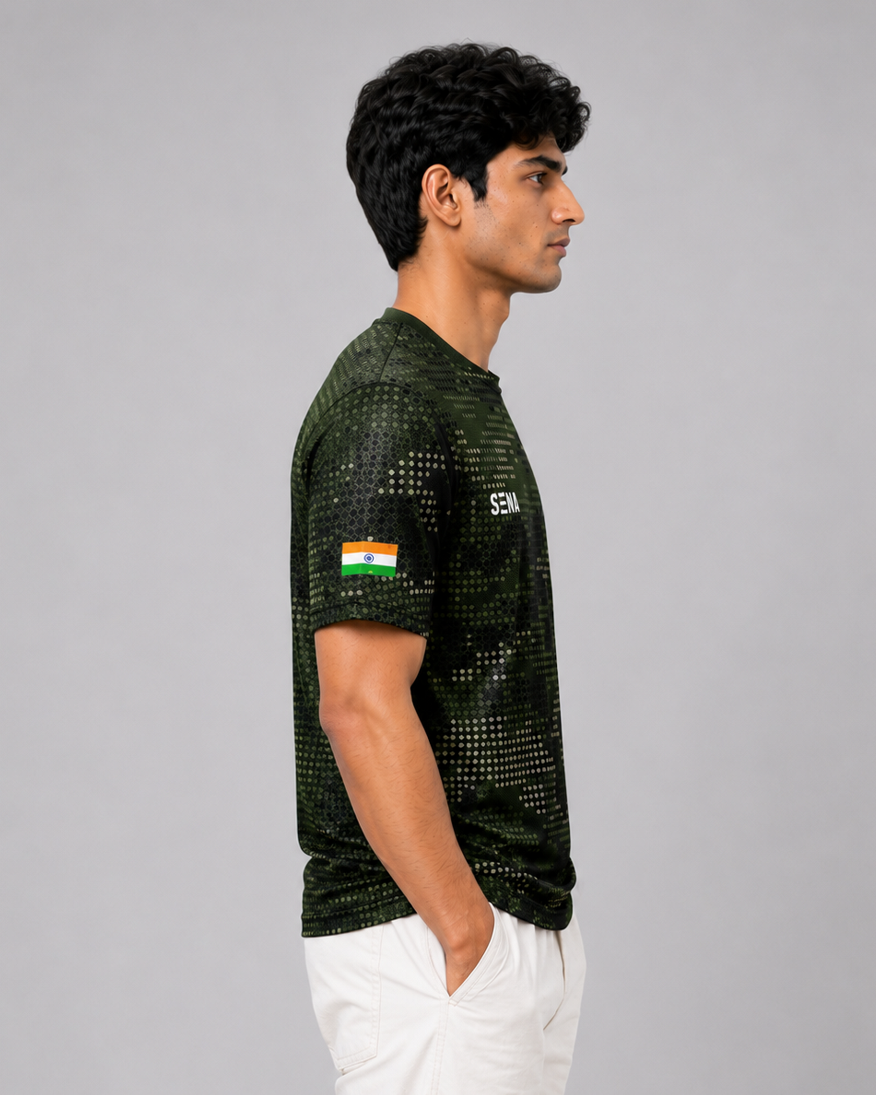 Dark Green Camouflage Print Round Neck 180 GSM Dri-Fit T-Shirt | 'Amar Jawan' Patriot Tee