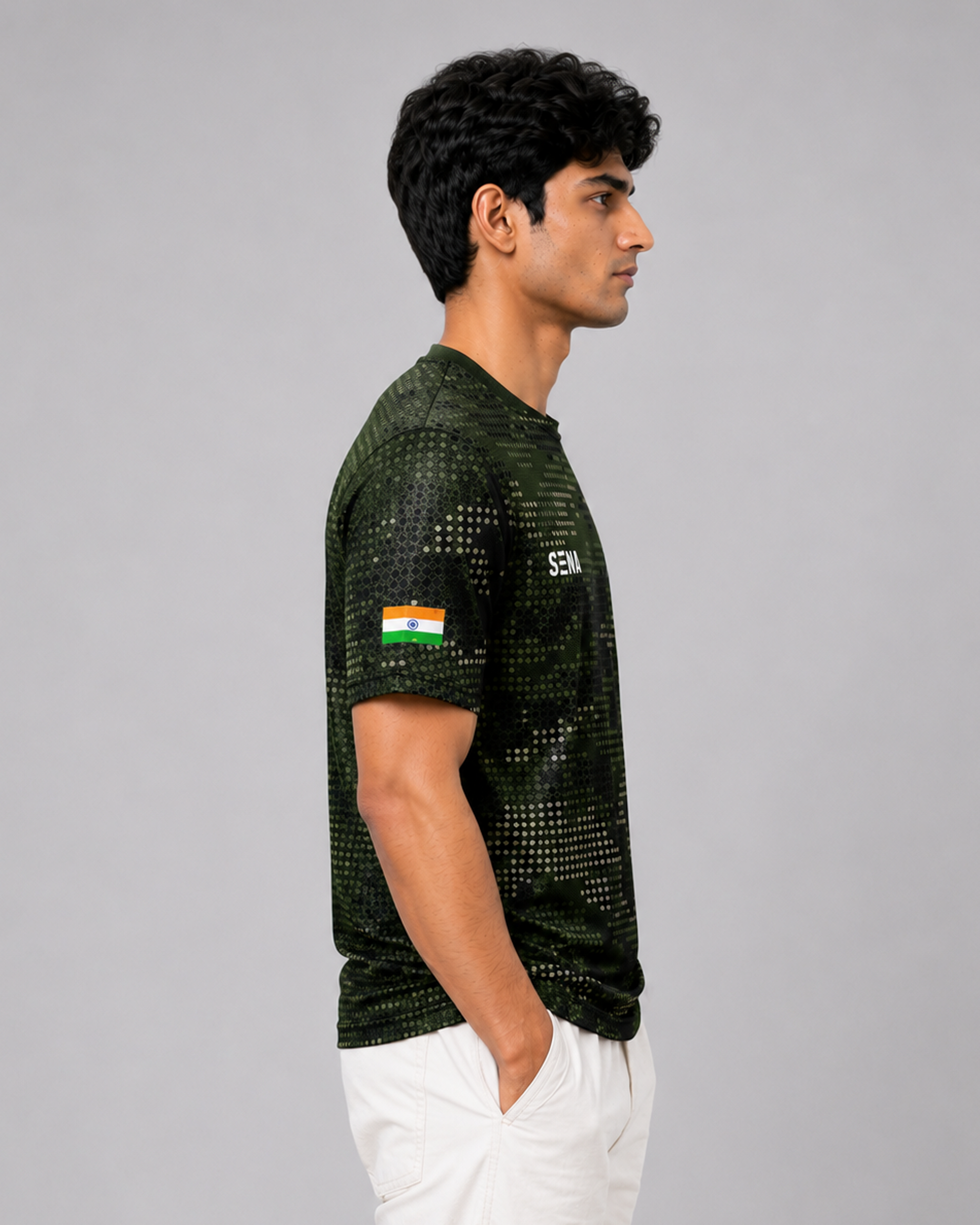 Dark Green Camouflage Print Round Neck 180 GSM Dri-Fit T-Shirt | 'Amar Jawan' Patriot Tee