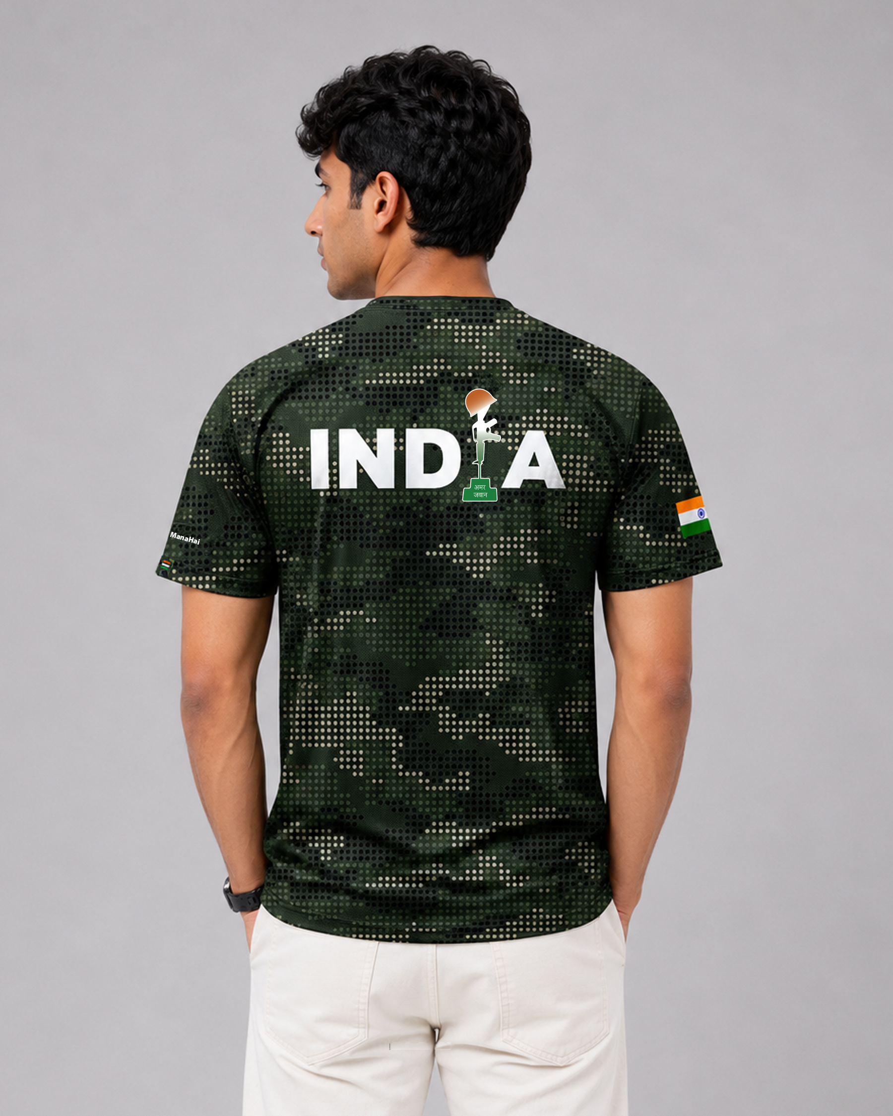 Dark Green Camouflage Print Round Neck 180 GSM Dri-Fit T-Shirt | 'Amar Jawan' Patriot Tee