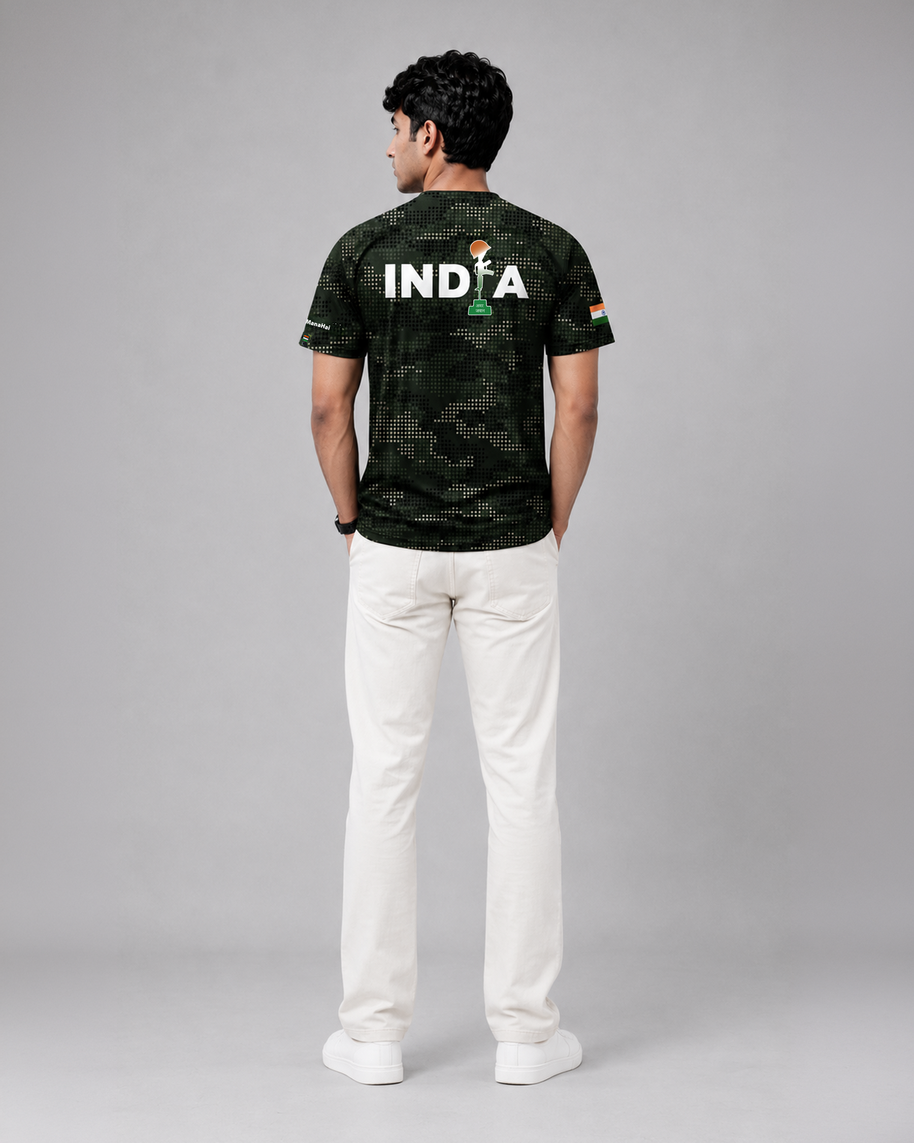 Dark Green Camouflage Print Round Neck 180 GSM Dri-Fit T-Shirt | 'Amar Jawan' Patriot Tee