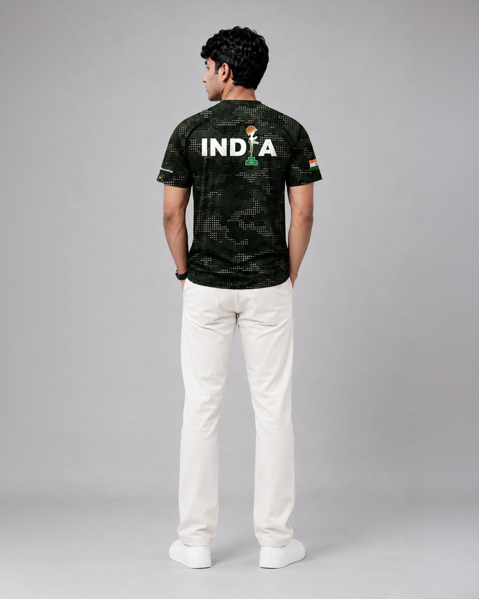 Dark Green Camouflage Print Round Neck 180 GSM Dri-Fit T-Shirt | 'Amar Jawan' Patriot Tee