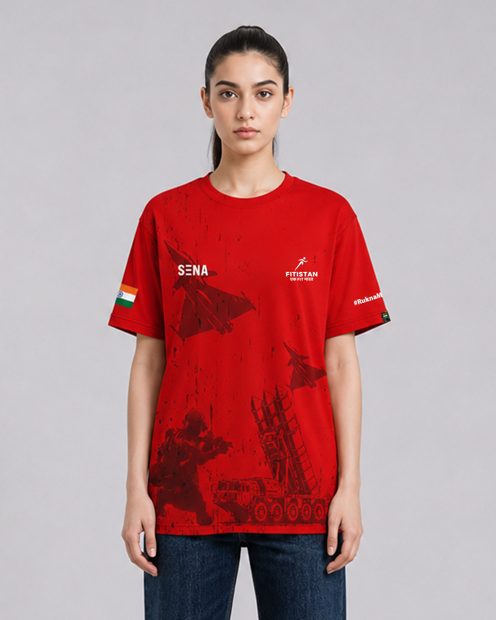Red Fighter Jet Print Round Neck Dri-Fit T-Shirt