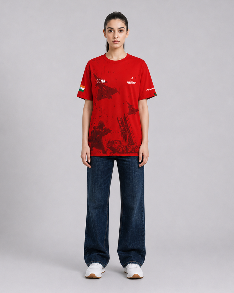 Red Fighter Jet Print Round Neck Dri-Fit T-Shirt (OPERATION SINDOOR)