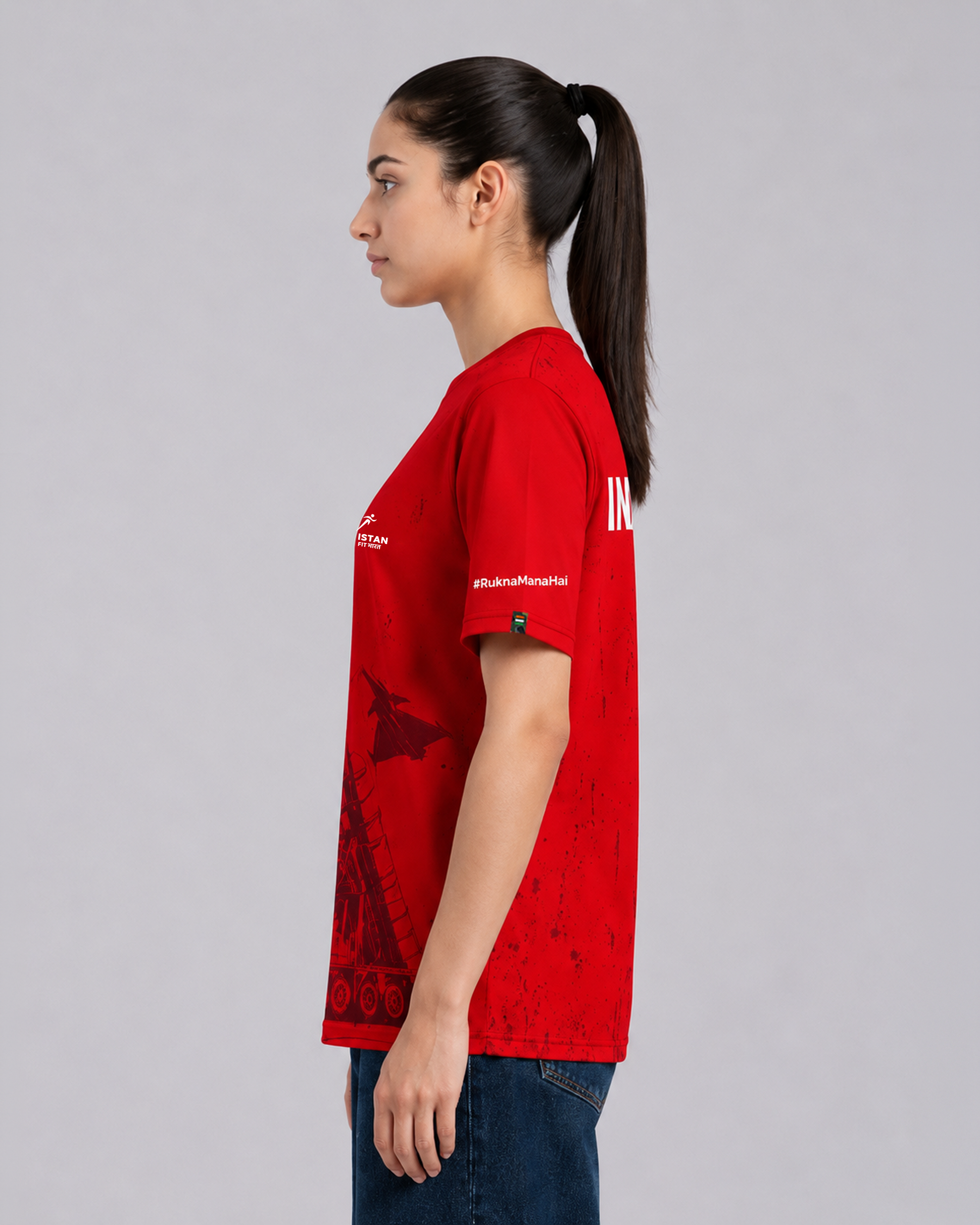 Red Fighter Jet Print Round Neck Dri-Fit T-Shirt