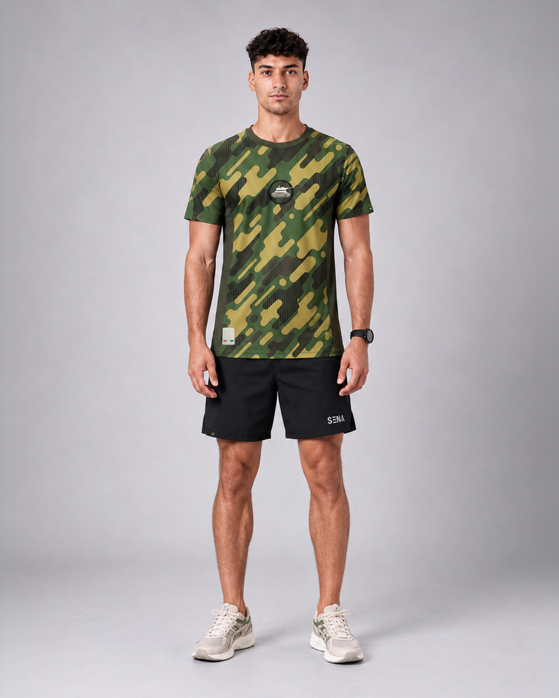 Green Army Camouflage Round Neck 180 GSM Dri-Fit T-Shirt | High-Performance Athleisure Tee