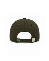Green cap with a brand logo on the back on a white background
