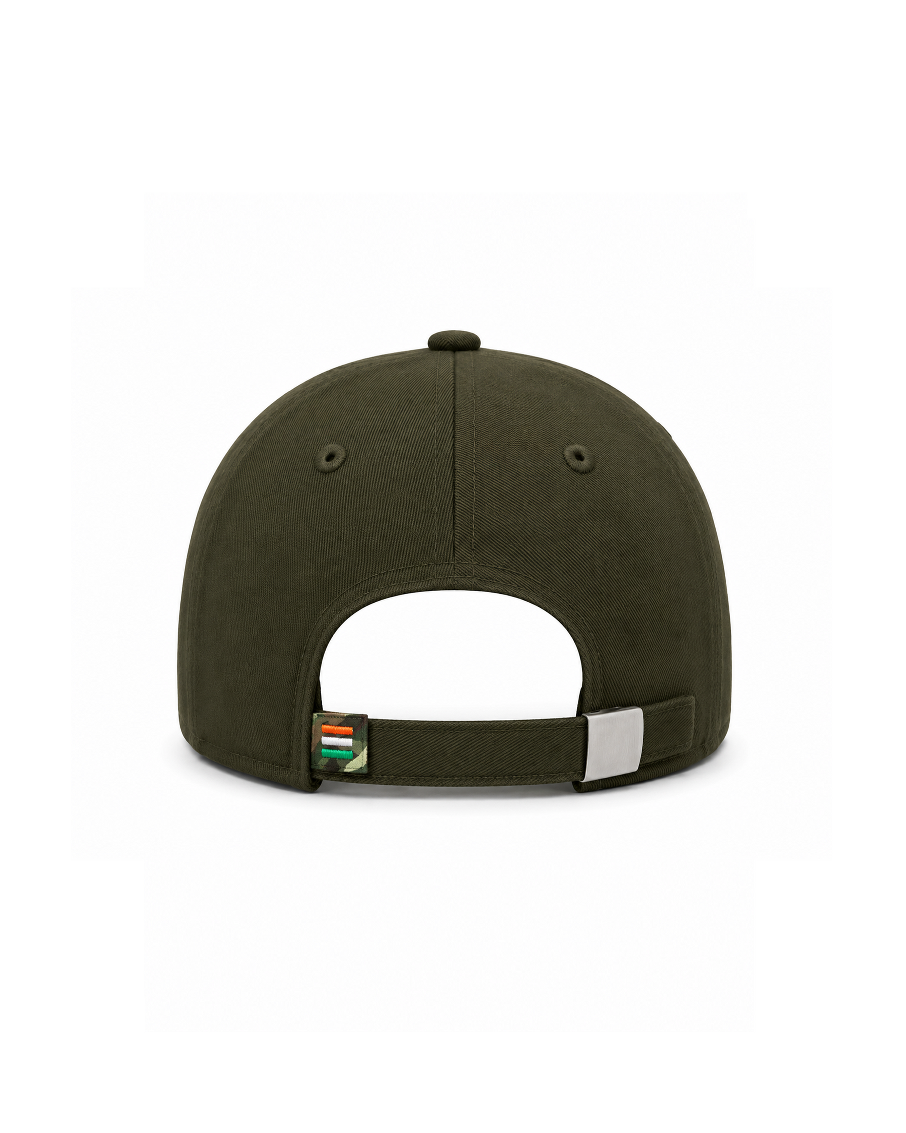 Green cap with a brand logo on the back on a white background