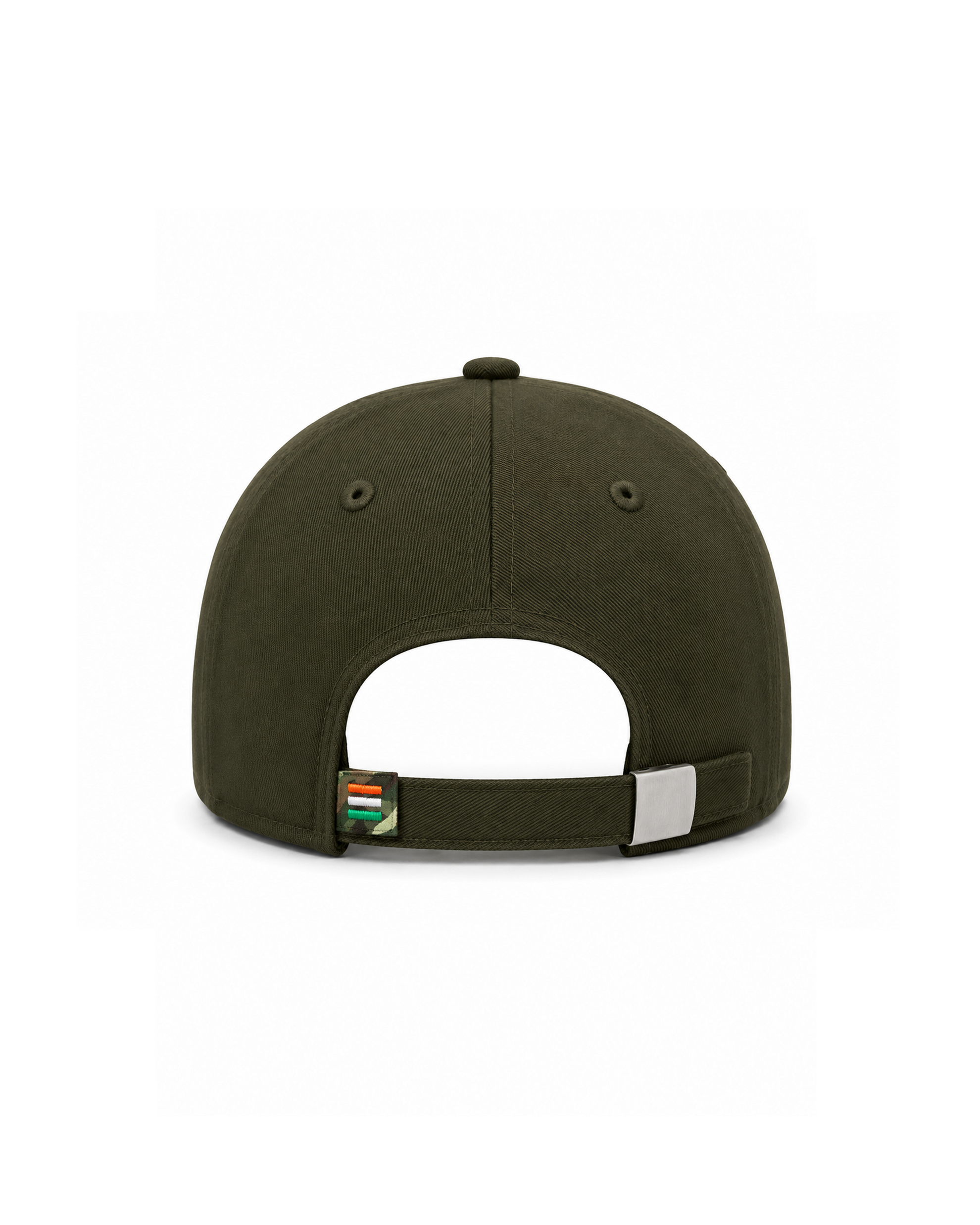 Green cap with a brand logo on the back on a white background
