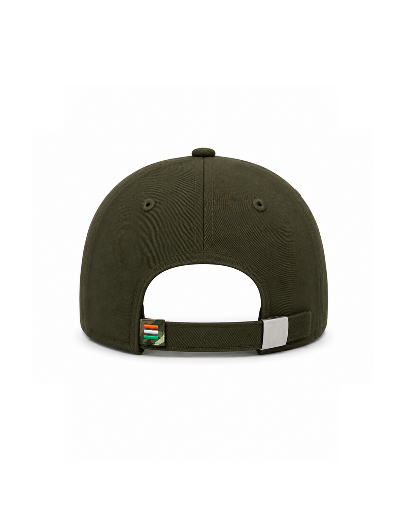 Green cap with a brand logo on the back on a white background