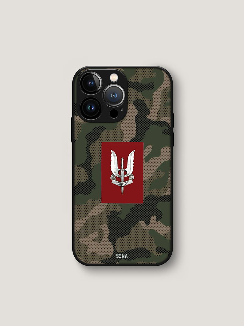 Camouflage phone case with a red logo on a light gray background