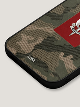 Camouflage phone case with a red patch and 'Sena' branding on a light gray background