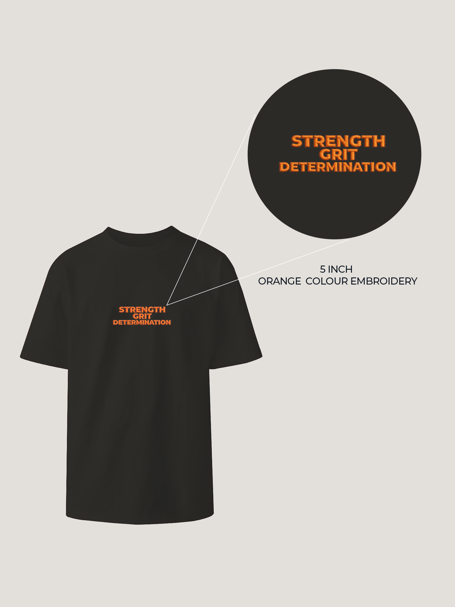 Black t-shirt with 'Strength Grit Determination' text in orange on a light gray background