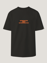 Black t-shirt with red text 'STRENGTH GRIOT DETERMINATION' on a light gray background