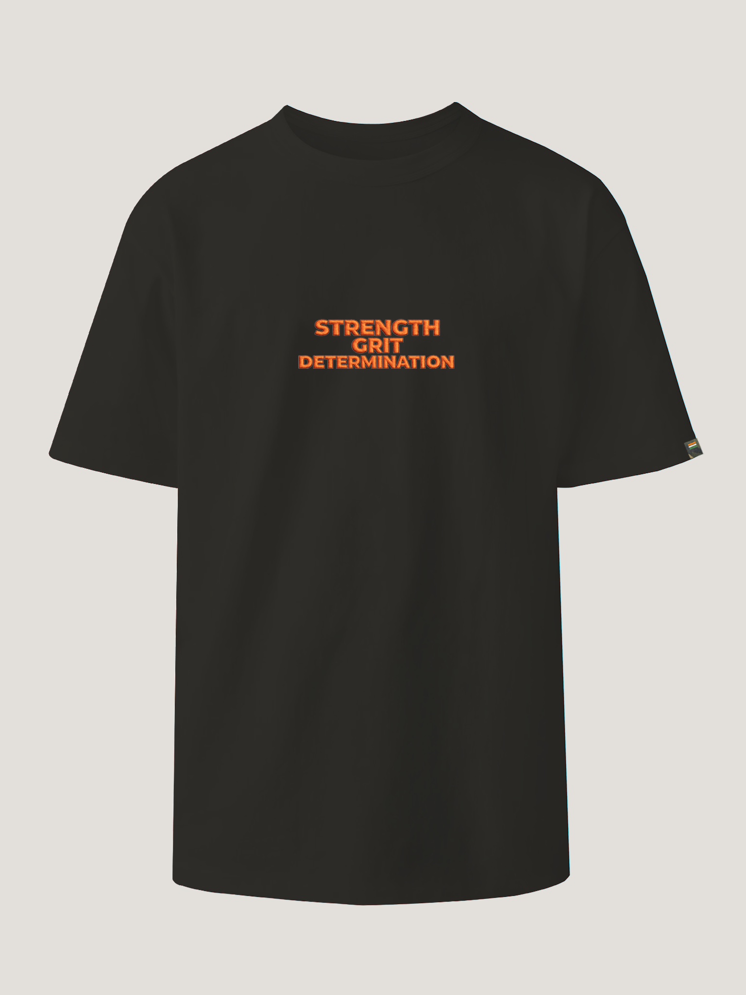 Black t-shirt with red text 'STRENGTH GRIOT DETERMINATION' on a light gray background