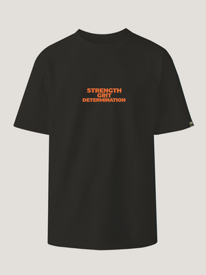 Black t-shirt with red text 'STRENGTH GRIOT DETERMINATION' on a light gray background