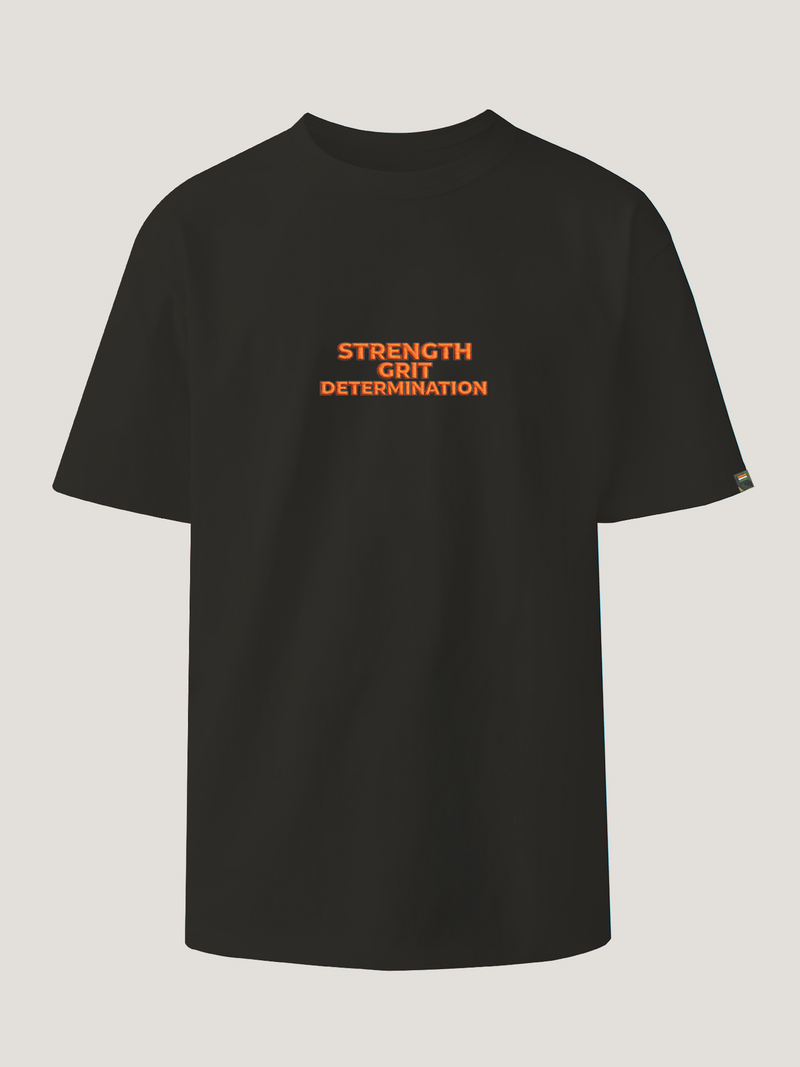 Black t-shirt with red text 'STRENGTH GRIOT DETERMINATION' on a light gray background