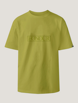 Green t-shirt with 'HONOUR' logo on a light gray background