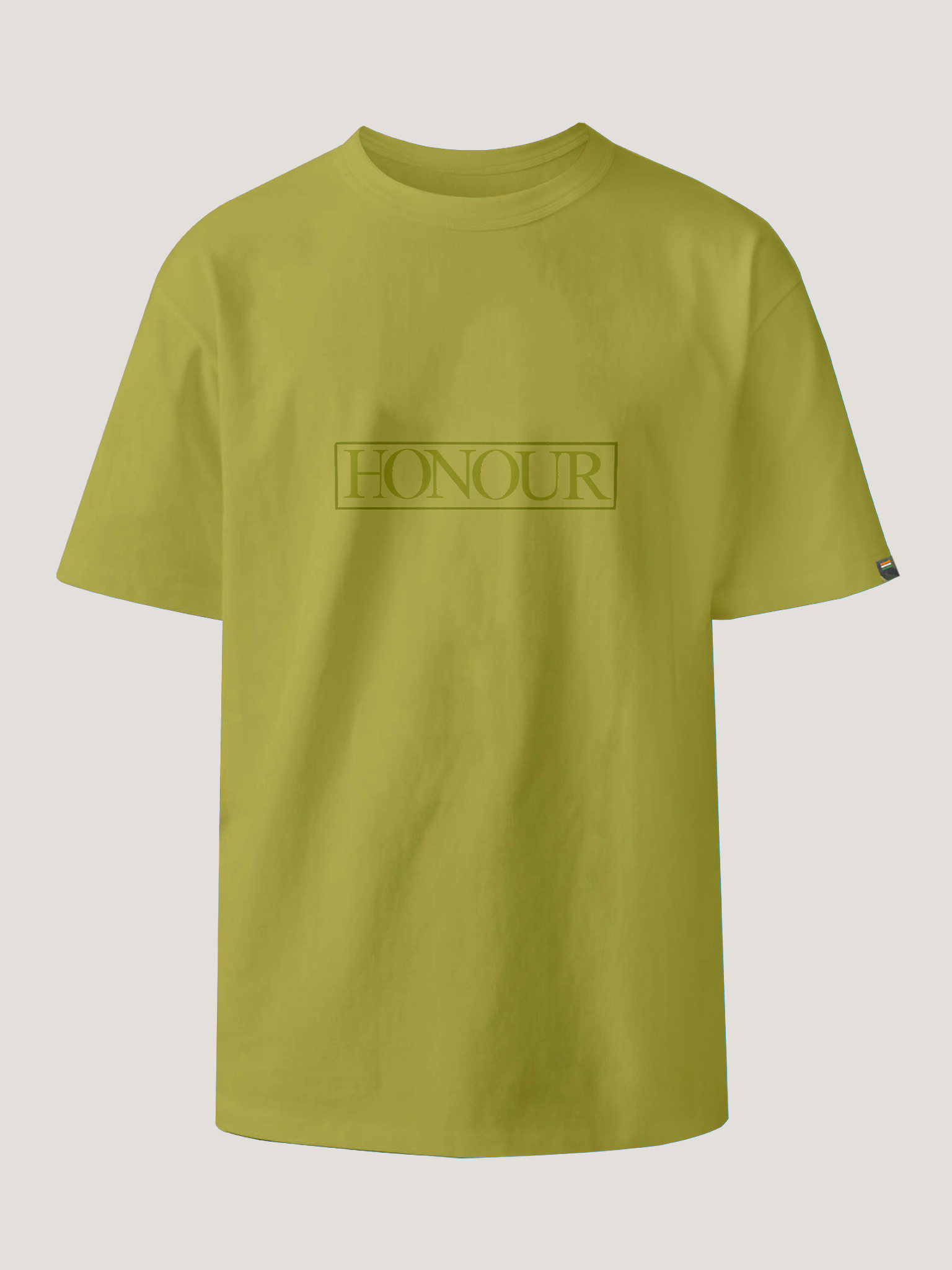 Green t-shirt with 'HONOUR' logo on a light gray background