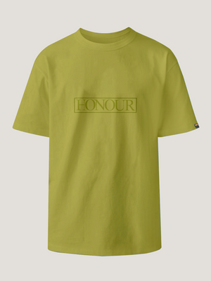Green t-shirt with 'HONOUR' logo on a light gray background