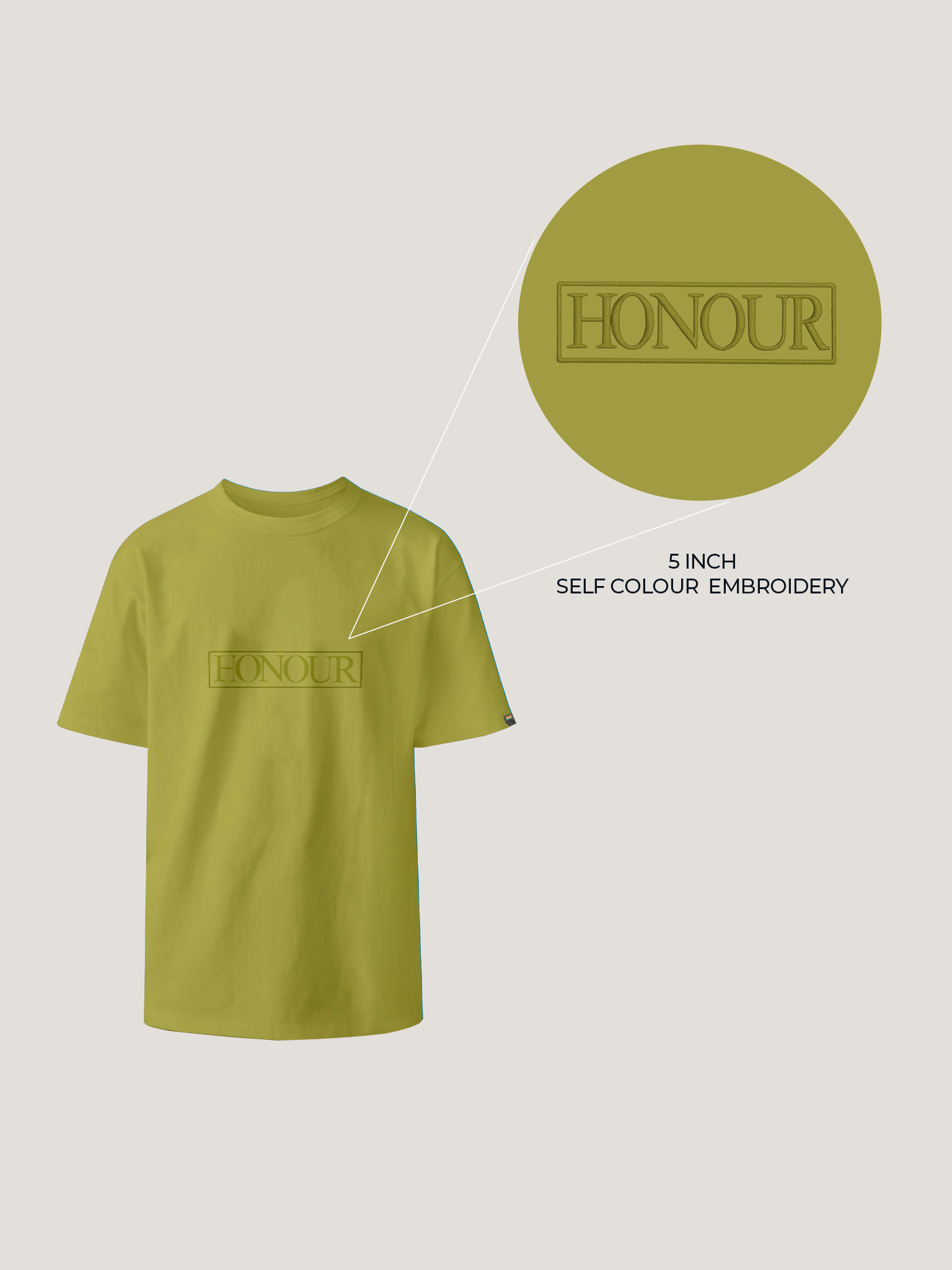 Green t-shirt with 'HONOUR' embroidery on a light gray background