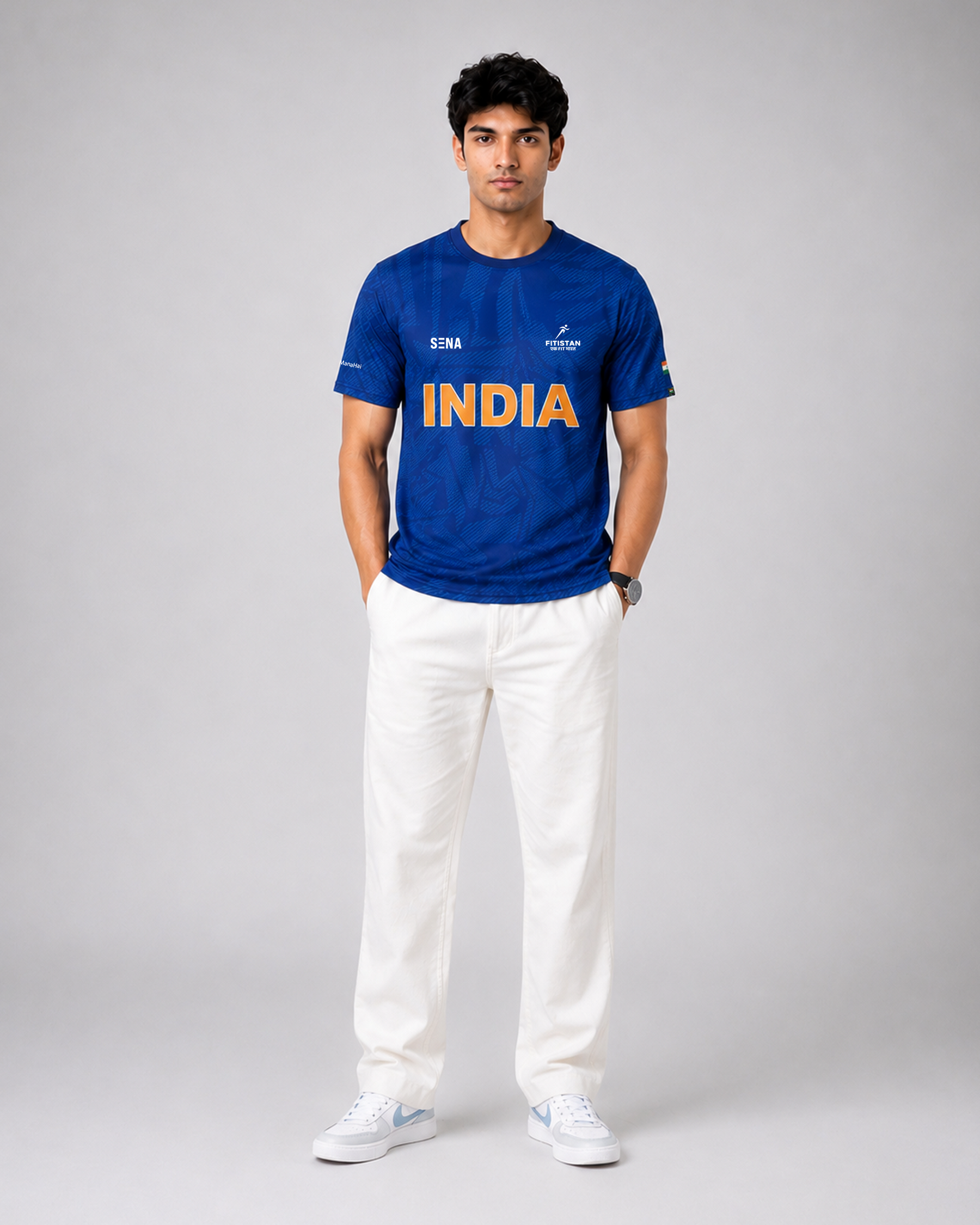 Blue India Print Round Neck Dri-Fit T-Shirt | Custom Name/Number Tee